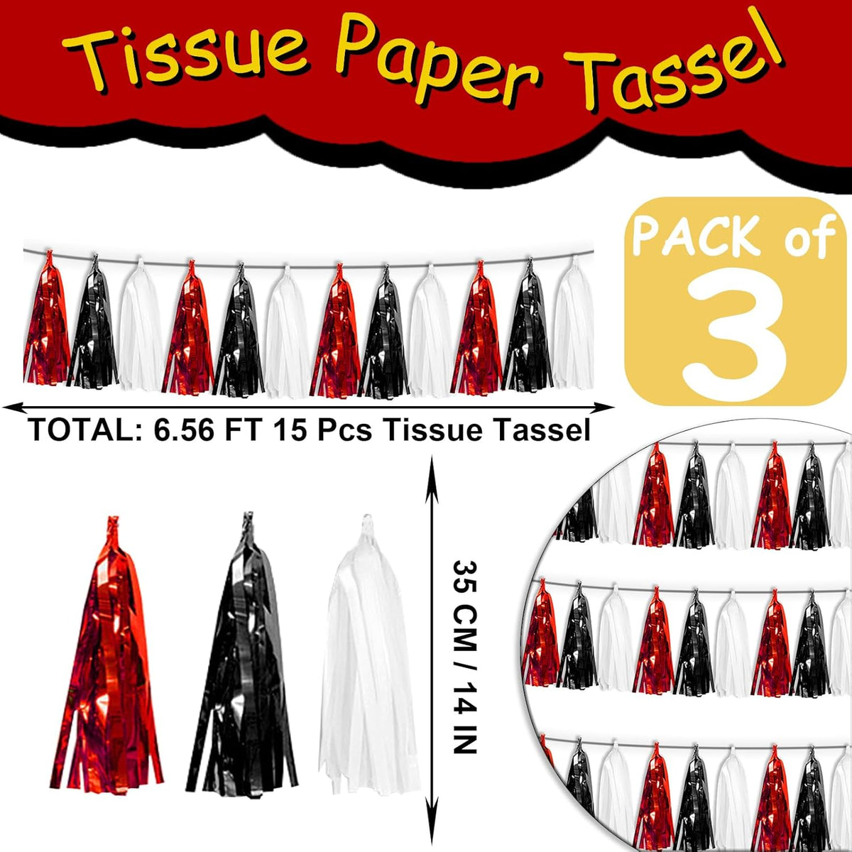 3P Black Red White Foil Fringe Tassel Banner Metallic Tinsel Streamer Garland Wall Curtain Backdrop for Parade Floats, Graduation, Halloween, Christmas, Father's Day Party Decorations