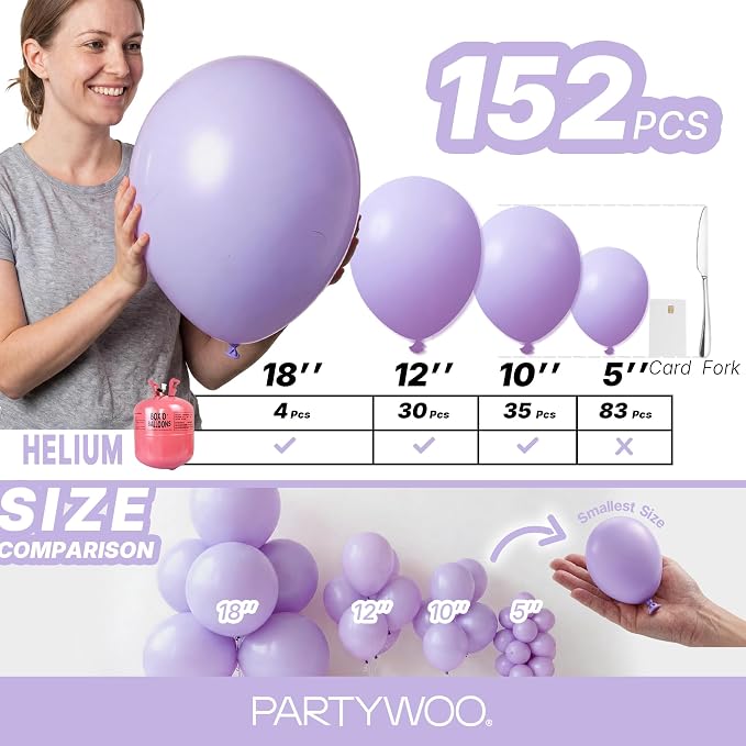 PartyWoo Lavender Balloons 152pcs Light Pastel Purple Lilac Color | 18 12 10 5 - Image 6