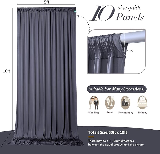 50 ft x 10 ft Wrinkle Free Charcoal Backdrop Curtain - Image 6