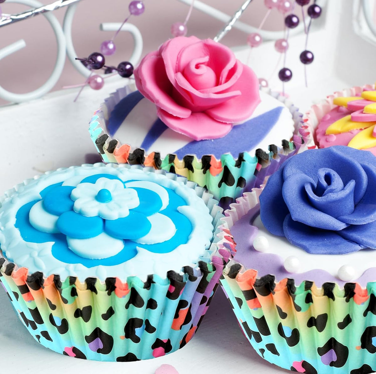 Whaline 300Pcs Leopard Print Cupcake Liner Neon Animal Spot Paper Baking Cup Rainbow Muffin Liner Cake Storage Container For Party DIY Craft, 2 x 1.2 Inch