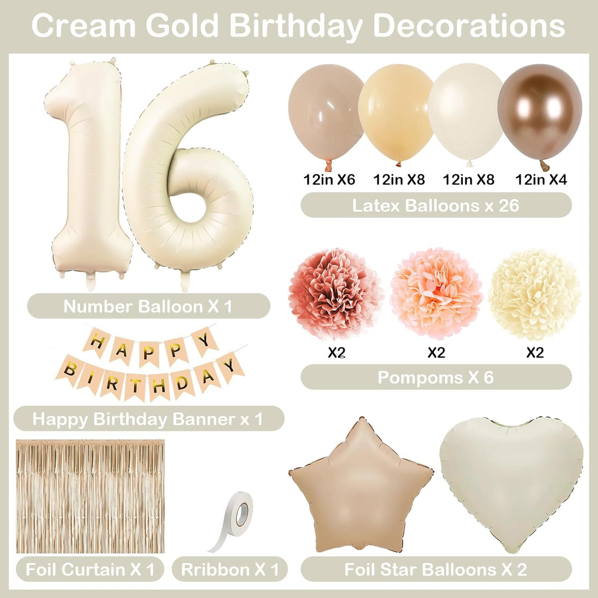 Beige 16th Birthday Decorations Girls Boys Cream Number 16 Balloon Nude Gold Happy Birthday Banner Fringe Curtain Paper Pom Poms Blush White Sand Champagne Star Foil Balloons Neutral Boho Party Decor