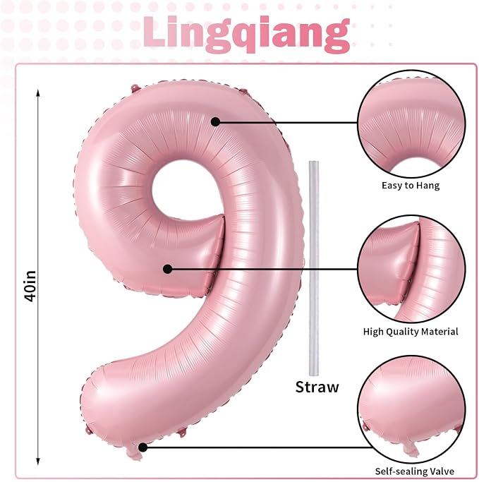 40'' Pink Number 9 Balloon, Self Inflating Foil Light Pink Number Balloons Set - Image 2