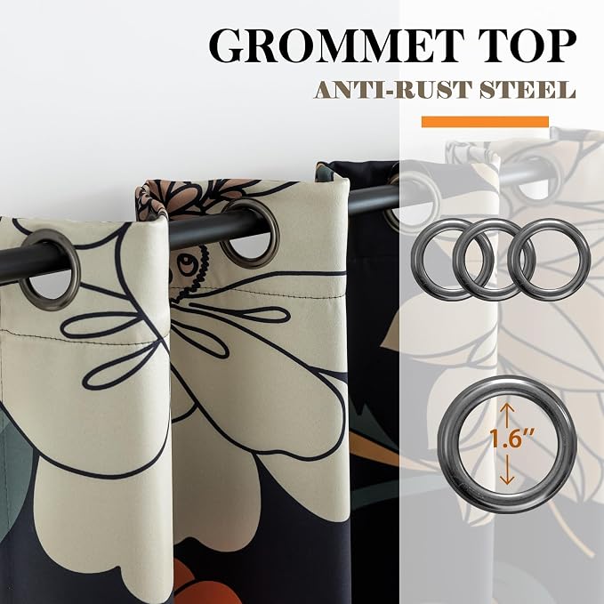 Tyrot Black Boho Floral 100% Blackout Curtains - Image 3