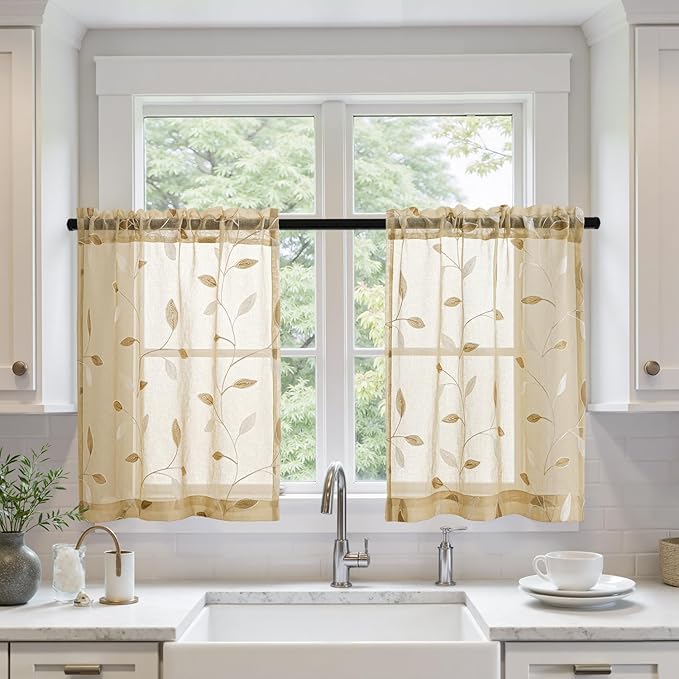MIULEE Beige Sheer Curtains 2 Panels Leaf Patterned, W30 x L30 | Embroidered by MIULEE