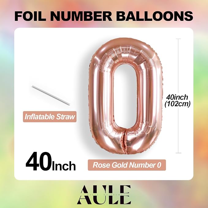 AULE 40 Inch Rose Gold 0 Balloon Number Foil 0-9 Birthday Big Numbers | - Image 3