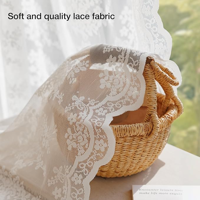 Anmao Vintage White Lace Curtains 96 Inches Long 2 Panels Set, Romantic Elegant - Image 4
