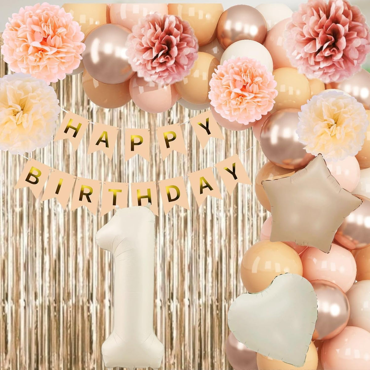 Beige 1st Birthday Decorations Cream Number 1 Balloon Nude Gold Happy Birthday Banner Fringe Curtain Paper Pom Poms Blush White Sand Champagne Star Foil Balloons Neutral Boho Party Decor