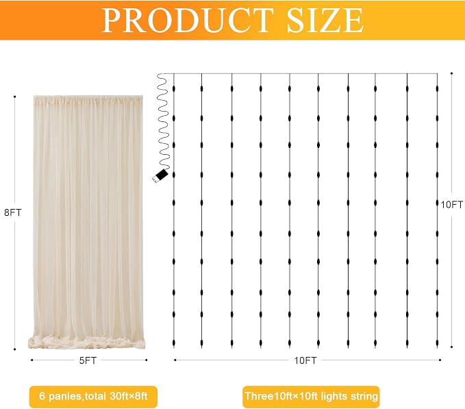 Tulle Backdrop Curtains with Lights Sheer Champagne Curtain Backdrop 30x8ft | - Image 2