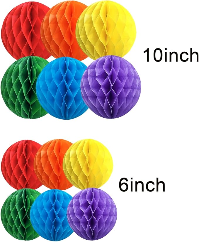 Rainbow Paper Honeycomb Balls, 12 Pack Colourful Hanging Tissue Pom Poms - Image 4