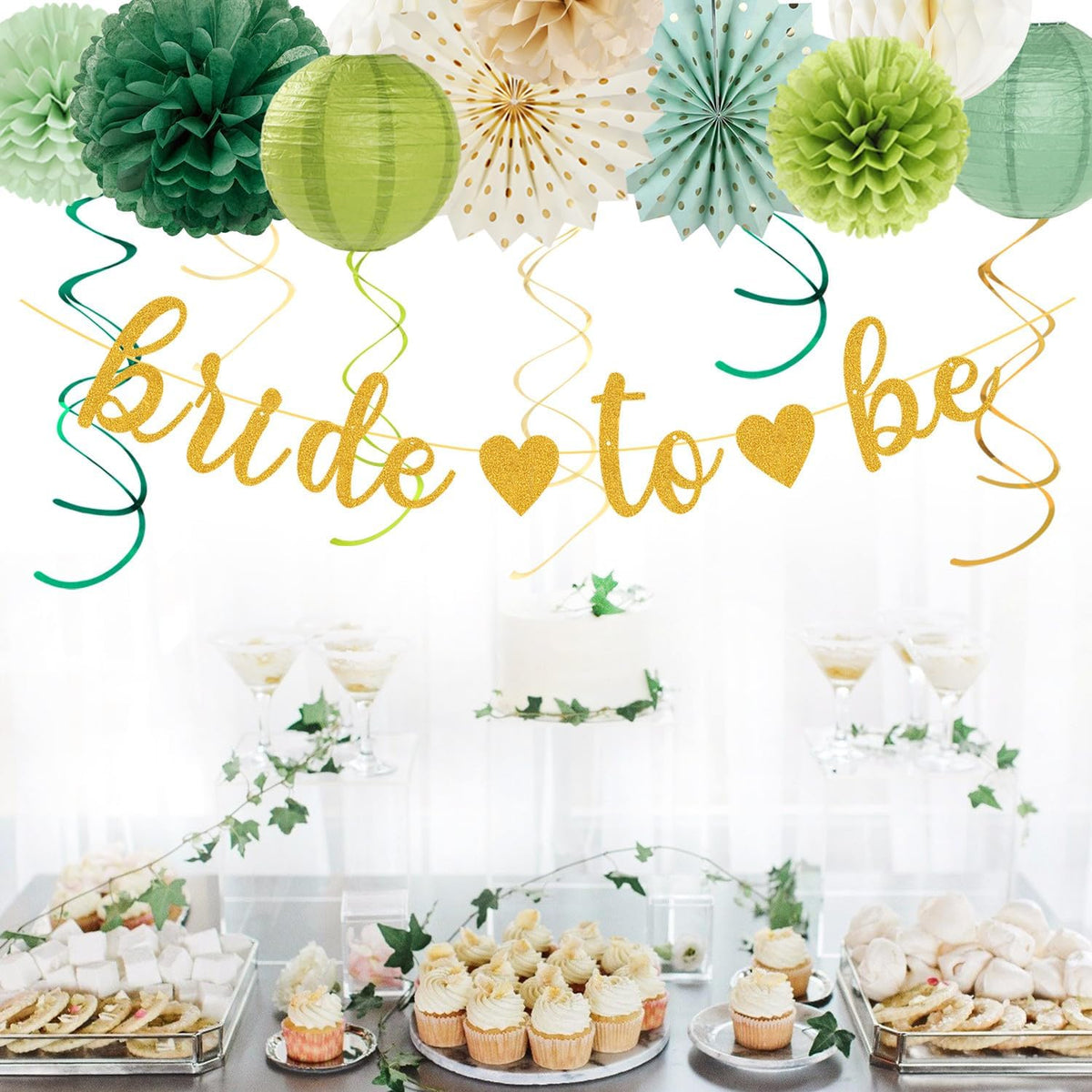 Sage Green Champagne-Gold Bachelorette Party-Decorations - 21pcs Baby Bridal Shower Banner Garland, Bride To Be Paper Streamers Lanterns,flower Tissue Pom Poms Fan,Wedding Backdrop Decor Huglony