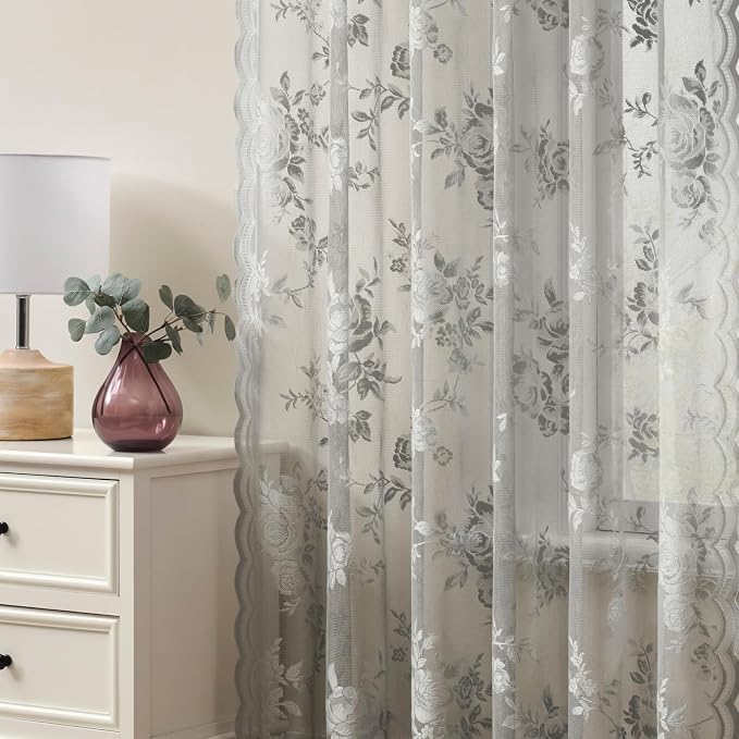Gray Lace Curtains 80 Inches Long 2 Panels Victorian Grey Floral Sheer Curtains - Image 4