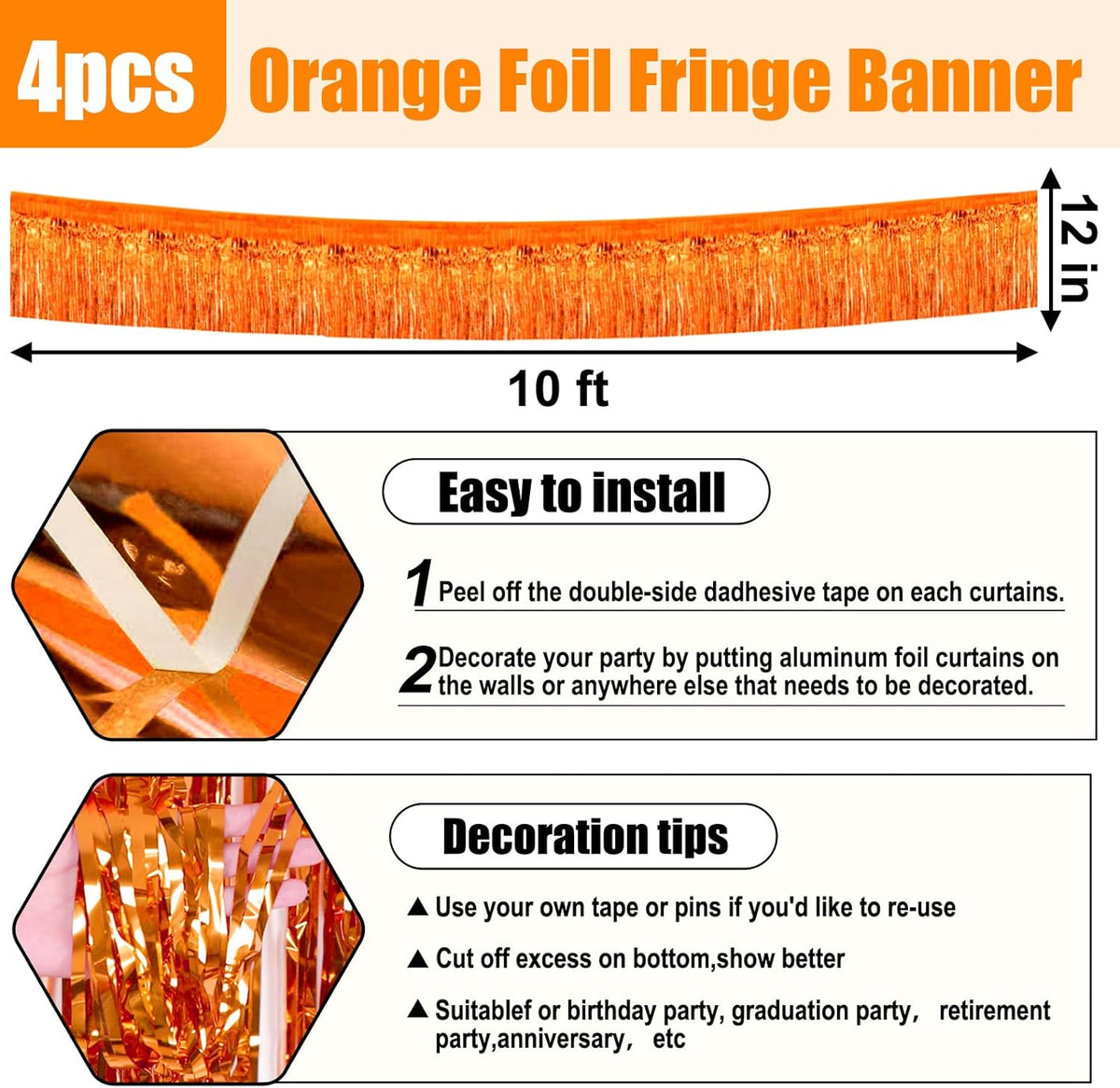 4 Pack 10 Feet Orange Foil Fringe Garland Metallic Tinsel Streamers Banner Wall Hanging Curtain Backdrop for Parade Floats, Wedding, Graduate, Mother's Day, Birthday Party Decoration