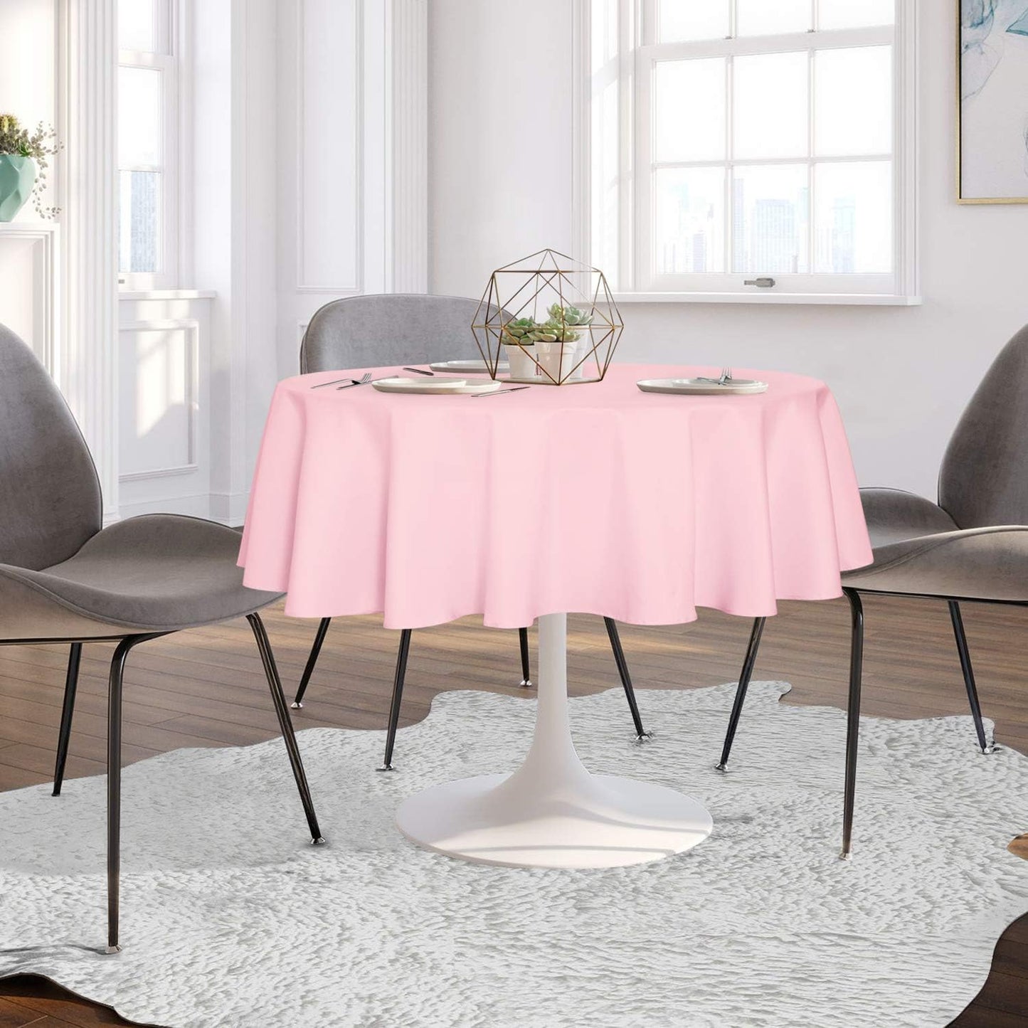 sancua Round Tablecloth - 48 Inch - Water Resistant Spill Proof Washable Polyester Table Cloth Decorative Fabric Table Cover for Dining Tables, Buffet Parties and Camping, Pink