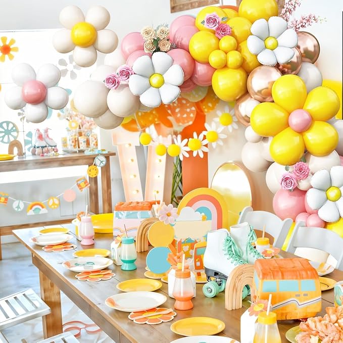 Daisy Balloon Garland Arch Kit, Retro Yellow Pink White Gold Hippie Boho - Image 5