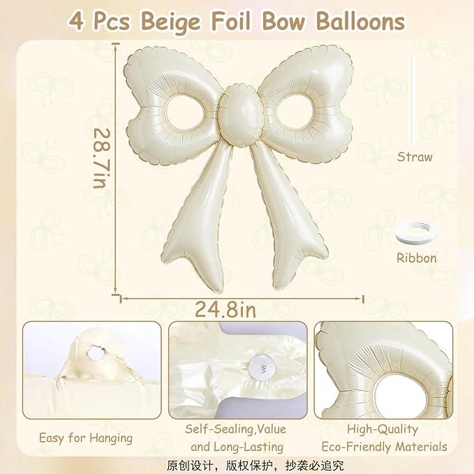 4 Pcs Cream Bow Balloons, 31”Huge Beige Bow Aluminum Foil Balloons - Image 6