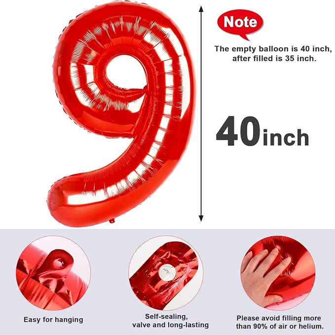 9 Balloon Numbers Party Decorations, 40In Red Balloons - Image 5