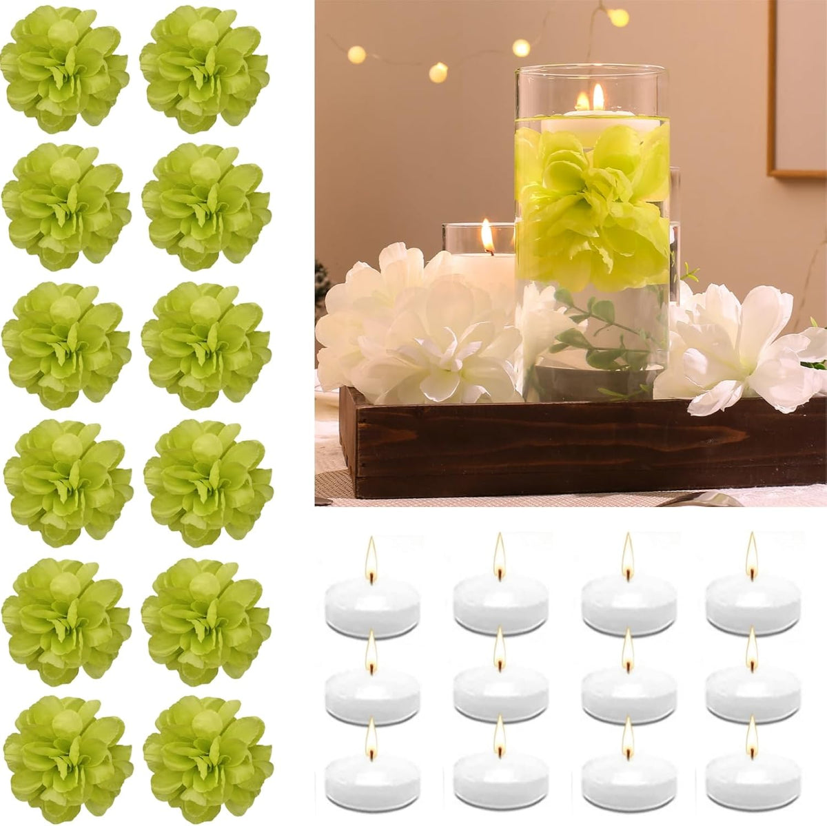 24 Pcs Floating Candles for Centerpieces and Floating Flowers Artificial Flowers Head Vase Filler for Party Home Table Wedding Centerpieces Decoration (Green)