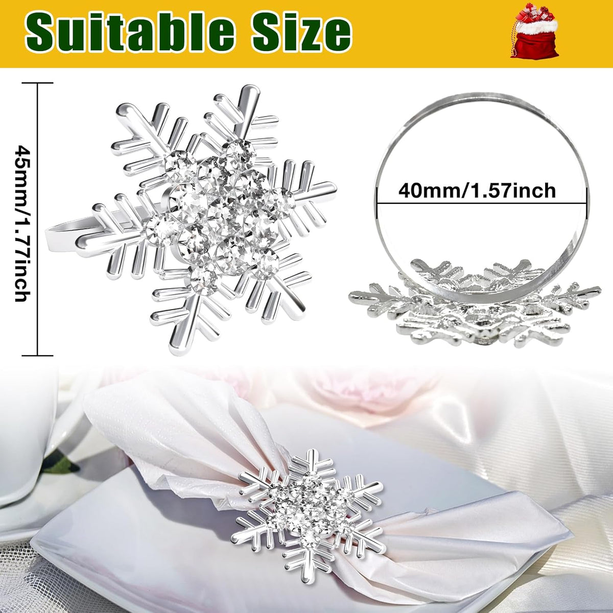 Halatool Christmas Napkin Rings Set of 12, Silver Snowflake with White Rhinestone Napkin Holder for Christmas Thanksgiving Winter Holiday Place Setting, Weddings, Party Table Decoration