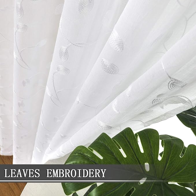 Tollpiz Leaves Short Sheer Curtain White Leaf Embroidery Living Room Curtains - Image 3