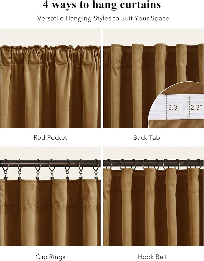 Gold Brown Velvet Curtains for Living Room Boho, W52 x L84, 2 Panels | Back Tab - Image 2