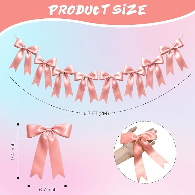 2 Strings of 16PCS Rose Gold Pink Bow Garlands Banner Decoration, Pre-Strung - Image 2