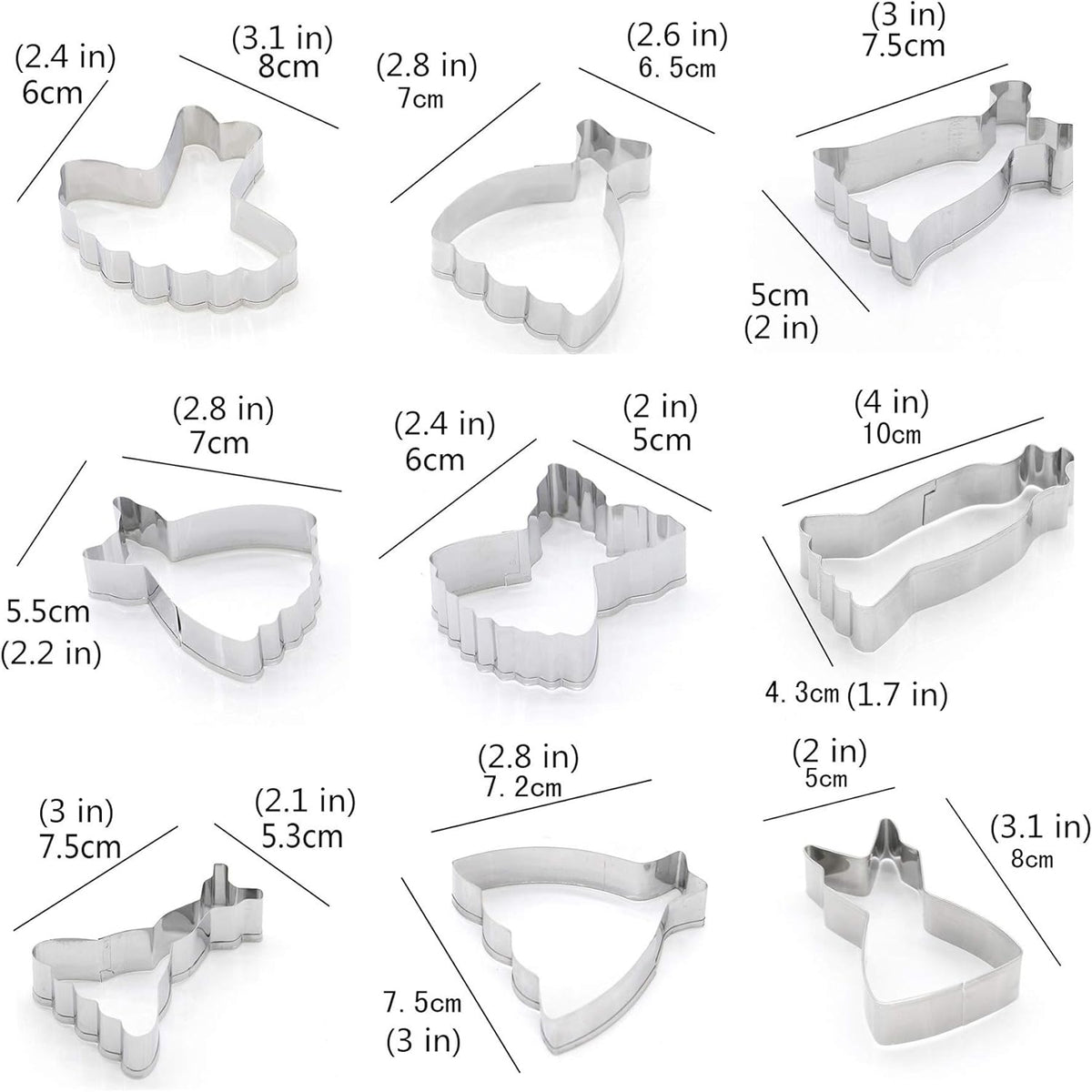 Mini Dress Cookie Cutter Set of 9 pcs, Stainless Steel Mini ONE-BITE SIZE Wedding Dress Shaped Fondant Cutters Baking Molds