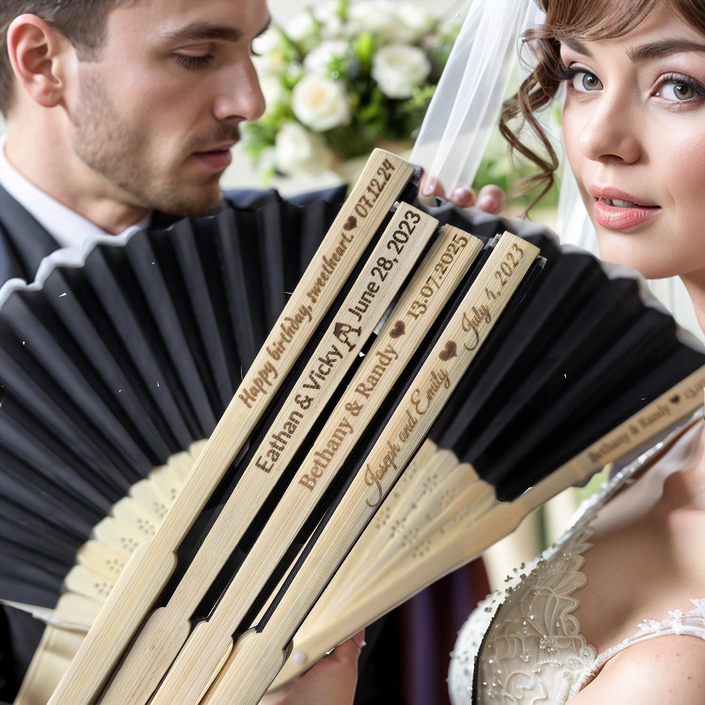 10Pcs Personalized Silk Fans Folding Hand Fan, Custom Wedding Bridal Party Favors, Summer Wedding Bride, Wedding Gift, Thank You Gift (Black)