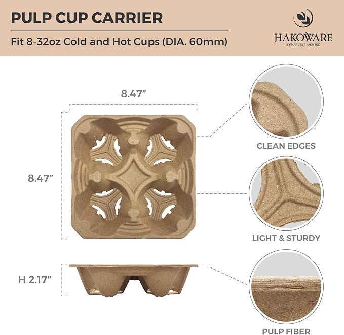 HAKOWARE 8-32oz Pulp Fiber 4 Cup Disposable Drink Carrier Trays, Compostable - Image 2