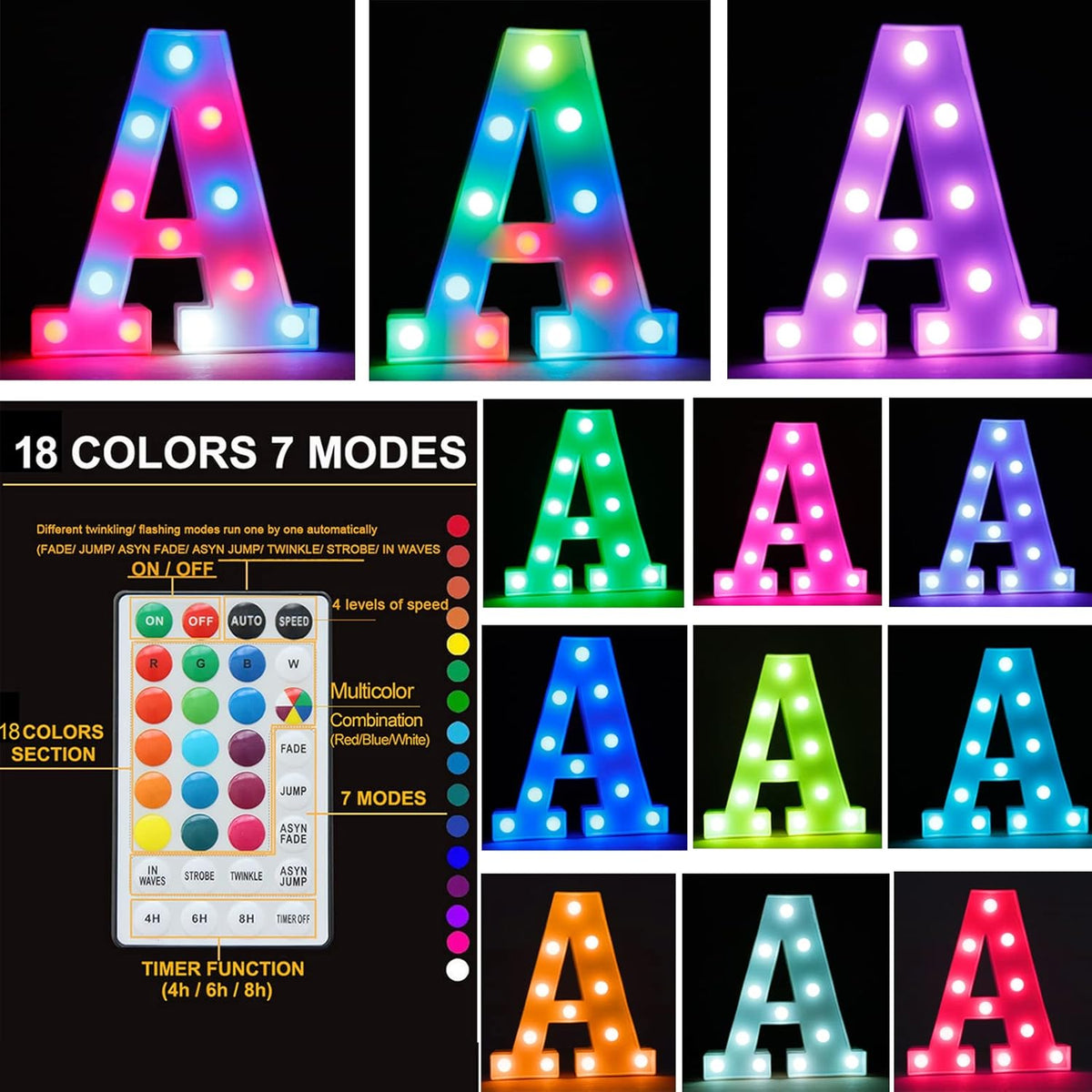 Light Up Colorful LED Marquee Letter lights, 18 Colors Changing Alphabet Letters Sign with Remote Timer for Night Light Girls Bedroom Wedding Birthday Party Lamp Christmas Home Bar Decor- Colorful U