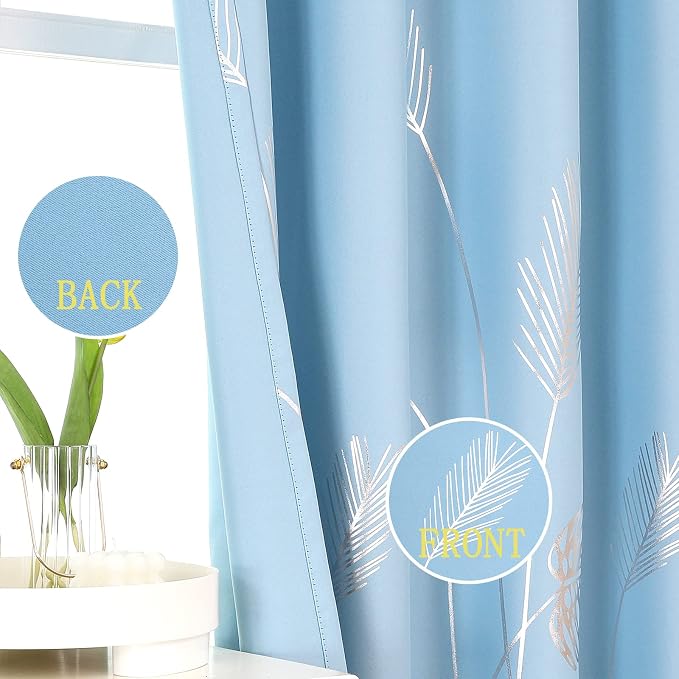 Sky Blue Blackout Curtains for Living Room, Room Darkening Silver Palm Tree - Image 4