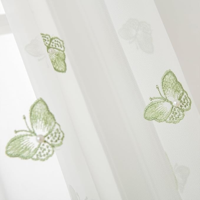 White Sheer Voile Curtains Green Embossed Butterflies 96 Inches | Light - Image 3