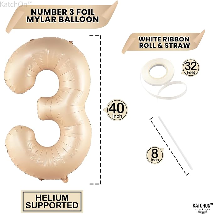 KatchOn Number 3 Balloon Caramel 40 Inch | Number Three Balloon, 3rd Birthday - Image 4