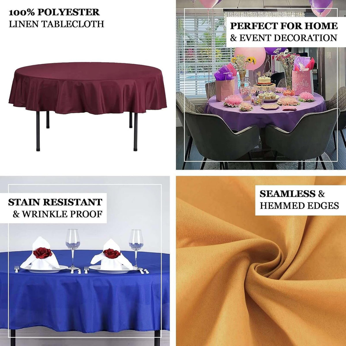 Efavormart Round Tablecloth, 70 Inch Stain & Wrinkle Resistant Washable Table Cloth, Decorative Polyester Fabric Table Cover for Banquet, Wedding, Dining- Black