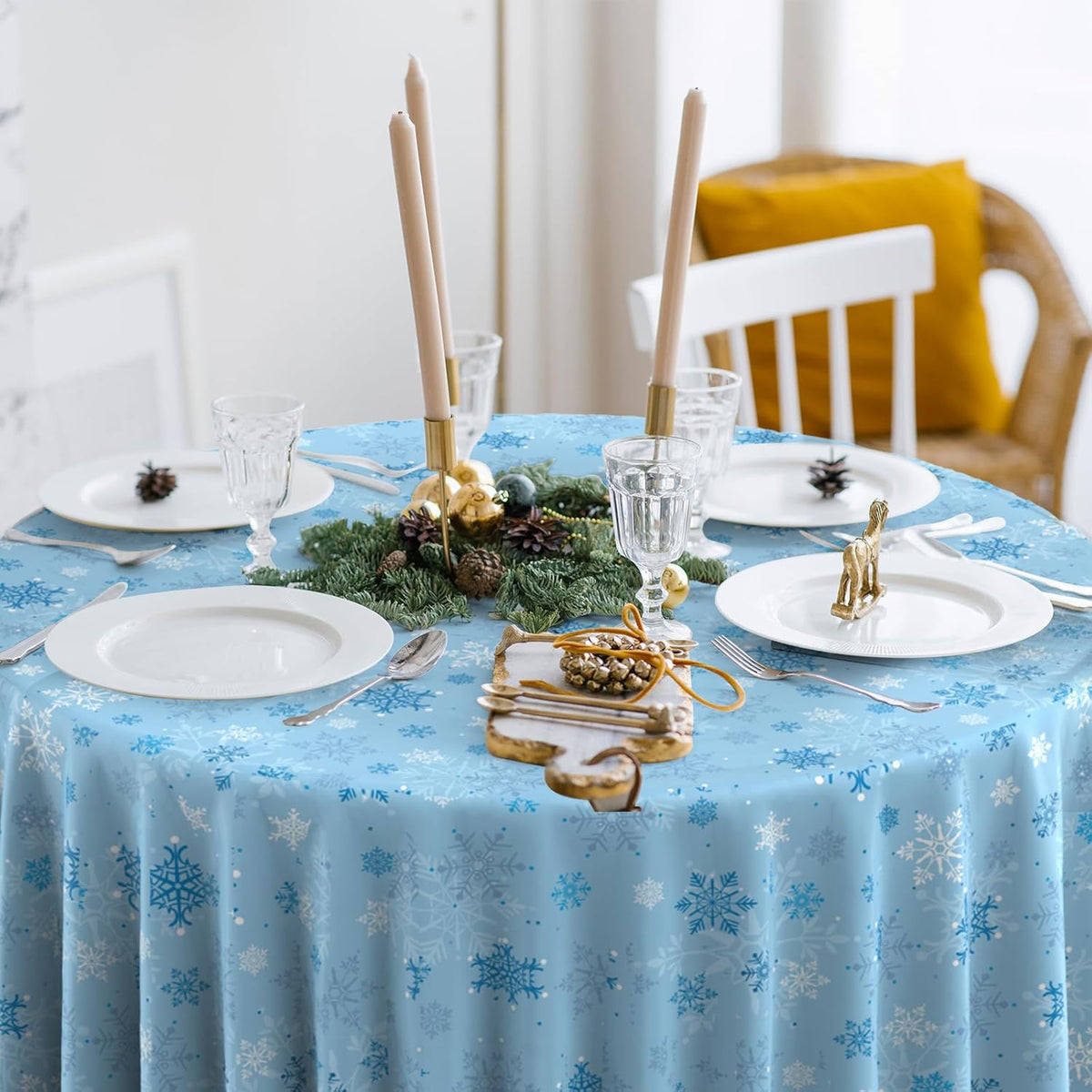 12 Pcs Christmas Snowflake Plastic Party Tablecloth Decorations,Disposable Light Blue Snowflake Round Table Cover Backdrop for Winter Onederland Christmas Holiday Party Supplies,84 inch (Light Blue)