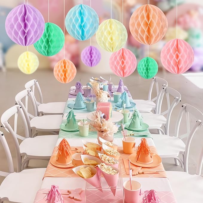 SUNBEAUTY 16Pcs Pastel Honeycomb Decorations 8'' Pastel Rainbow Hanging - Image 9