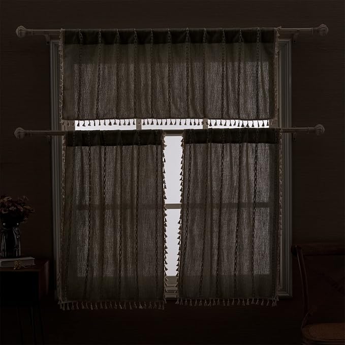 RoomTalks Green Boho Farmhouse Kitchen Curtains 45 Inch Length French Striped - Image 4
