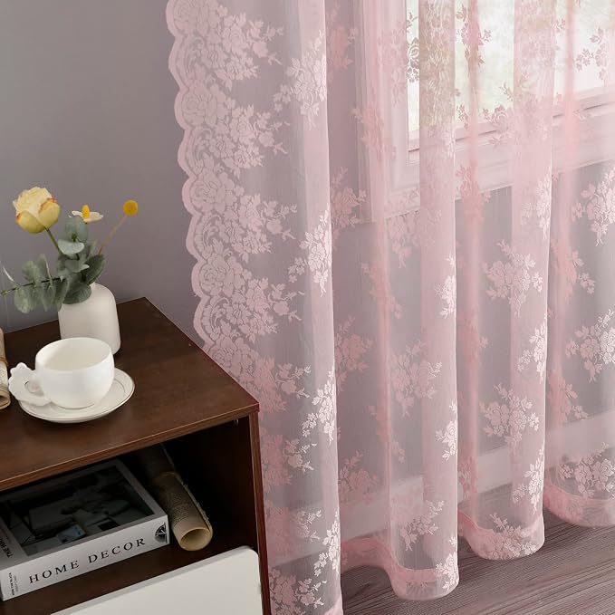 Kotile Pink Floral Lace Curtains - Image 5
