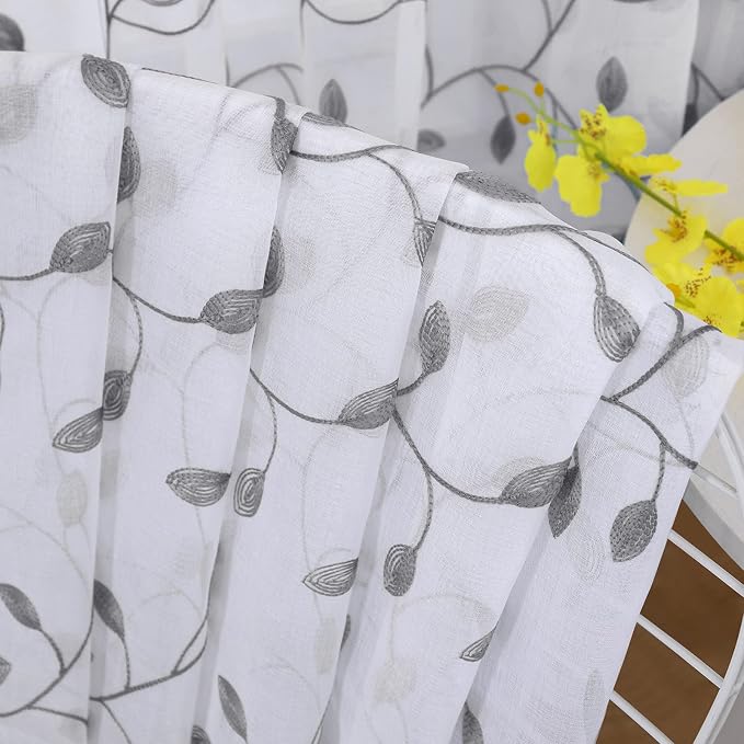 Tollpiz Leaves Sheer Curtain Grey Leaf Embroidery Bedroom Curtains Rod Pocket - Image 7