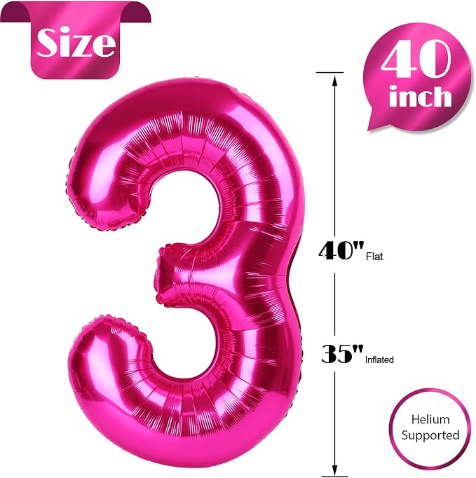 Hot Pink Number 3 Balloon 40 Inch, 3rd Birthday Decorations Men Women | Foil - Image 5