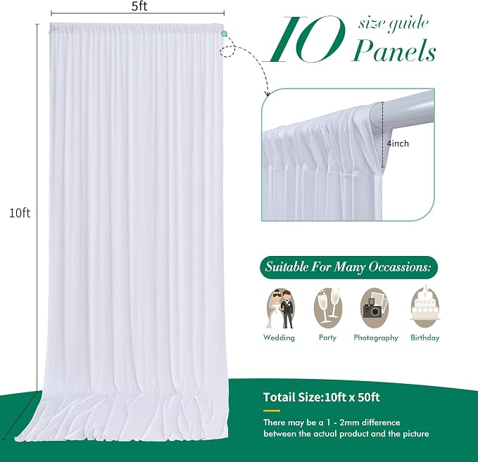 50 ft x 10 ft Wrinkle Free White Backdrop Curtain - Image 4