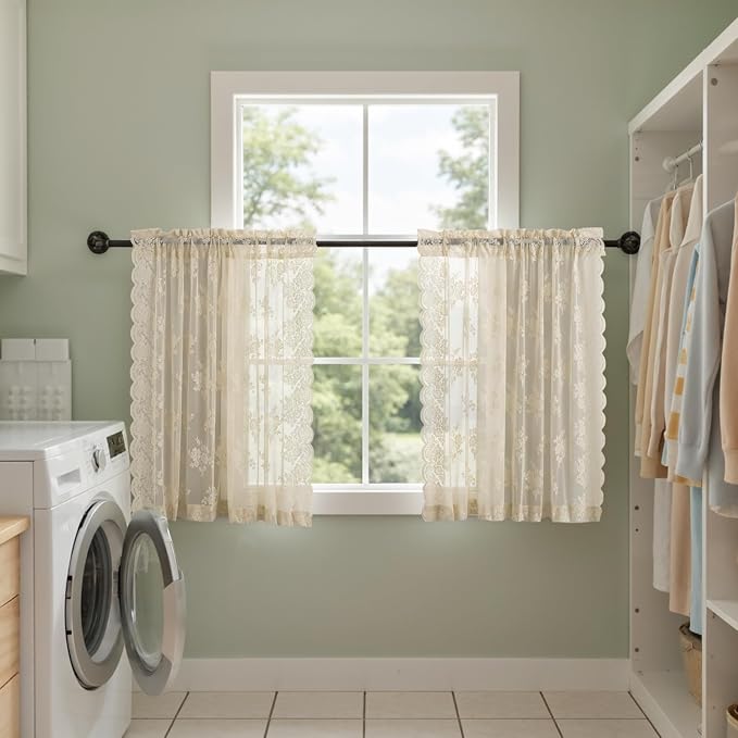 Kotile Beige Lace Curtains for Kitchen Windows W52 x L36 Inch, 2 Panels | Rod - Image 5