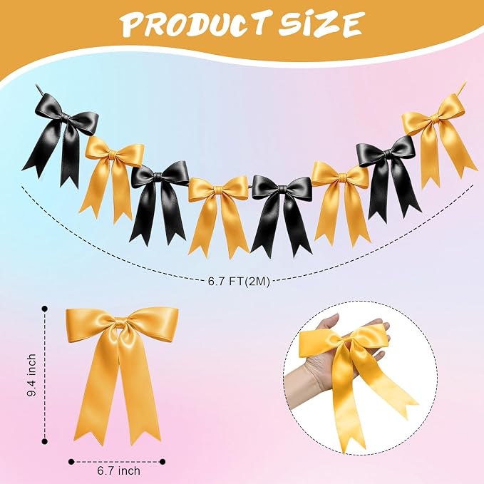 2 Strings of 16PCS Black&Gold Bow Garlands Banner Decoration, Pre-Strung Satin - Image 2