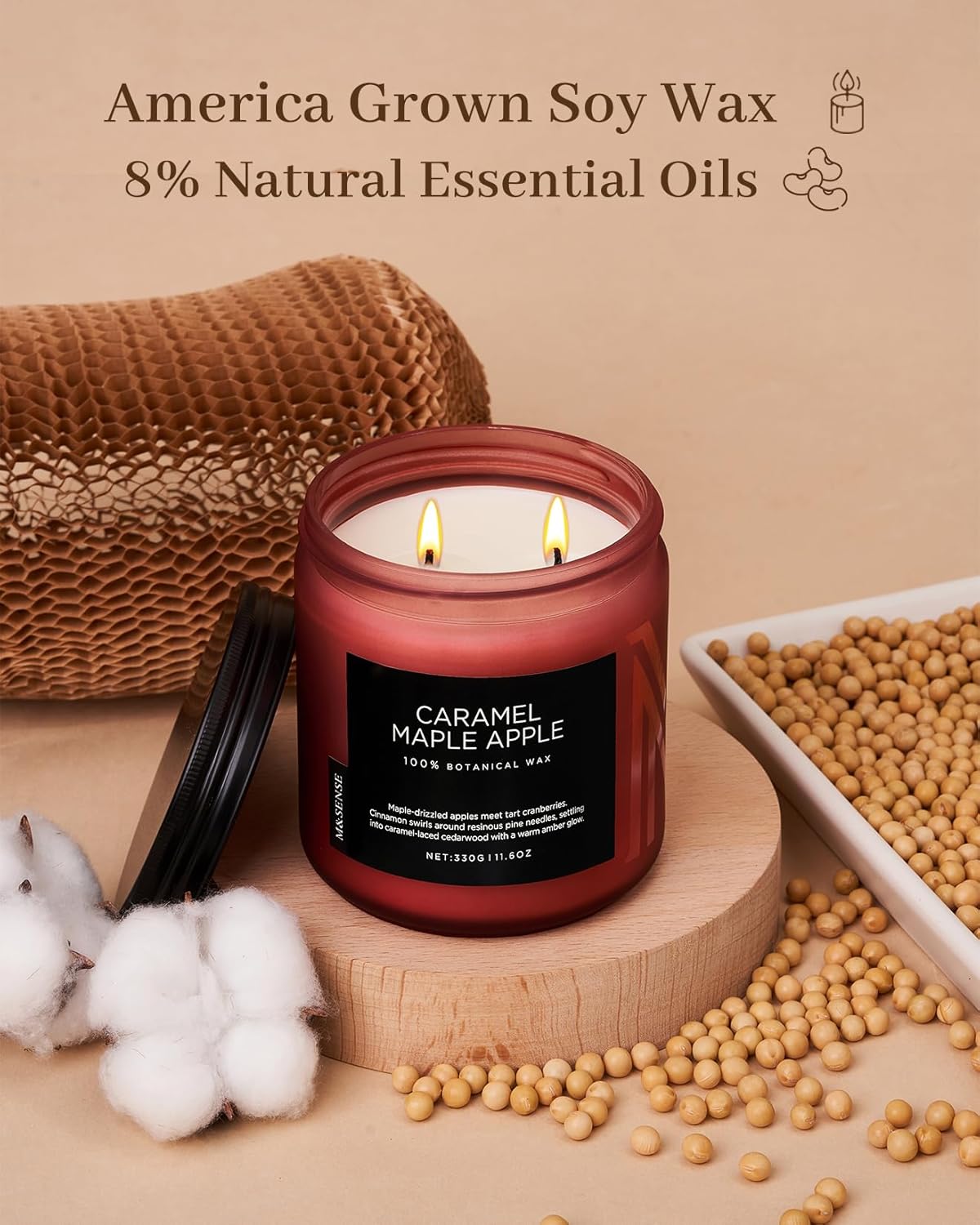 M&SENSE Caramel Apple Pie Candles for Home Scented, Natural Soy Wax 11.6oz Long Lasting 70 Hours Clean Non Toxic Large 2 Wick Candle Gifts for Thanksgiving Housewarming