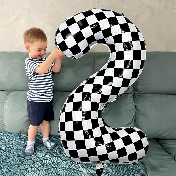 Foil 8th Birthday Number Balloon, Large Checkered Helium 8 Racing Balloons Decor - Image 3