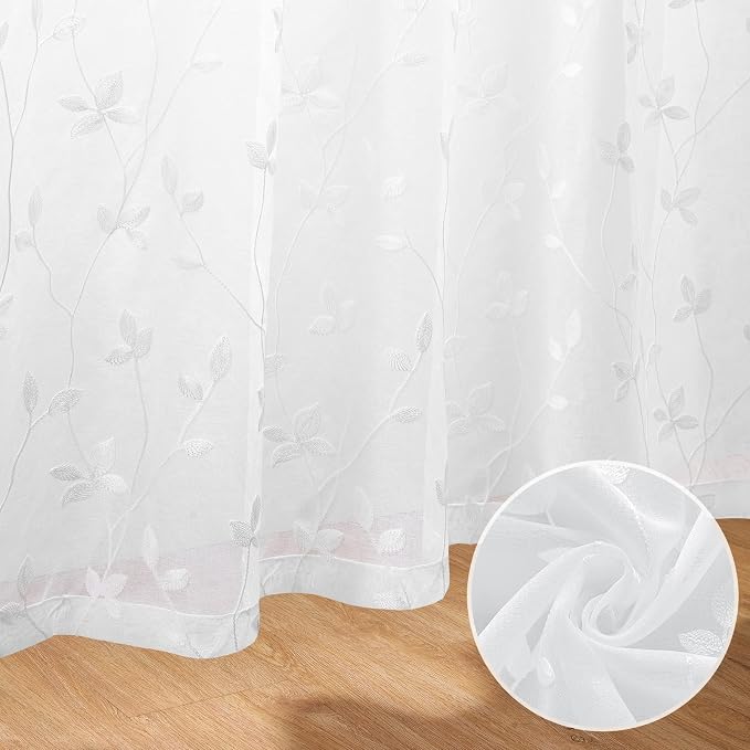HOMEIDEAS White Sheer Curtains 2 Panels, Embroidered Vine Leaf, W52 x L63 | - Image 3