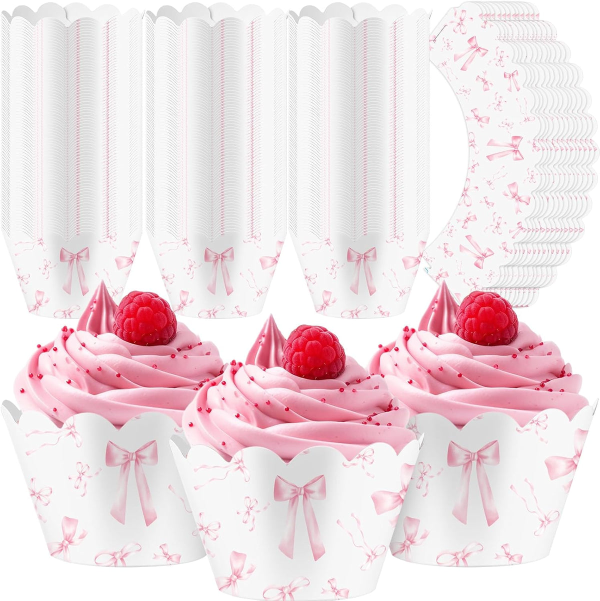 Domensi 100 Pcs Pink Bow Cupcake Wrappers Rustic Cupcake Liners Pink Baking Cups Baking Liners for Wedding Bridal Baby Shower Birthday Breast Cancer Awareness Party Supplies Dessert Decoration