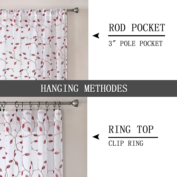 Tollpiz Leaves Short Sheer Curtain Burgundy Red Leaf Embroidery Bedroom - Image 5