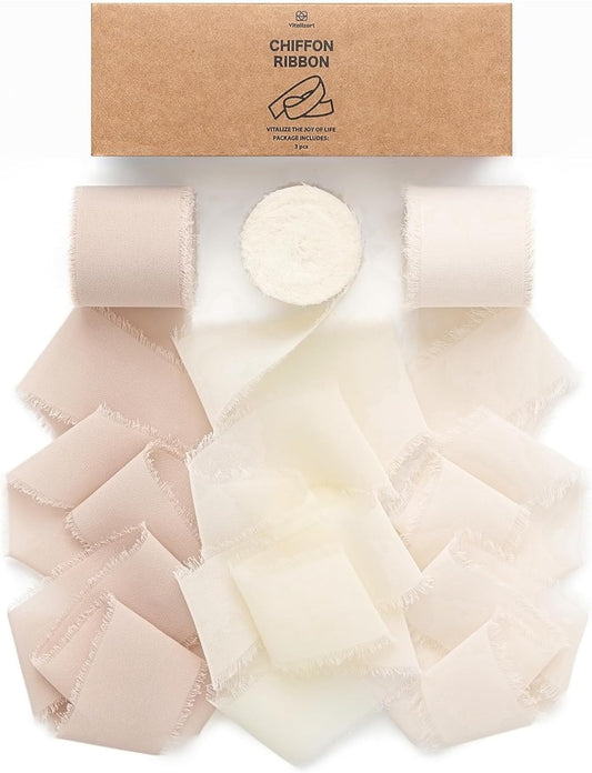 Vitalizart White Handmade Chiffon Silk Ribbon Fringe 1.5" x 21 Yd Nude & Ivory Frayed Edges Ribbons for Wedding Invitations Bridal Bouquets Gifts Wrapping Crafts Holiday Party Decorations