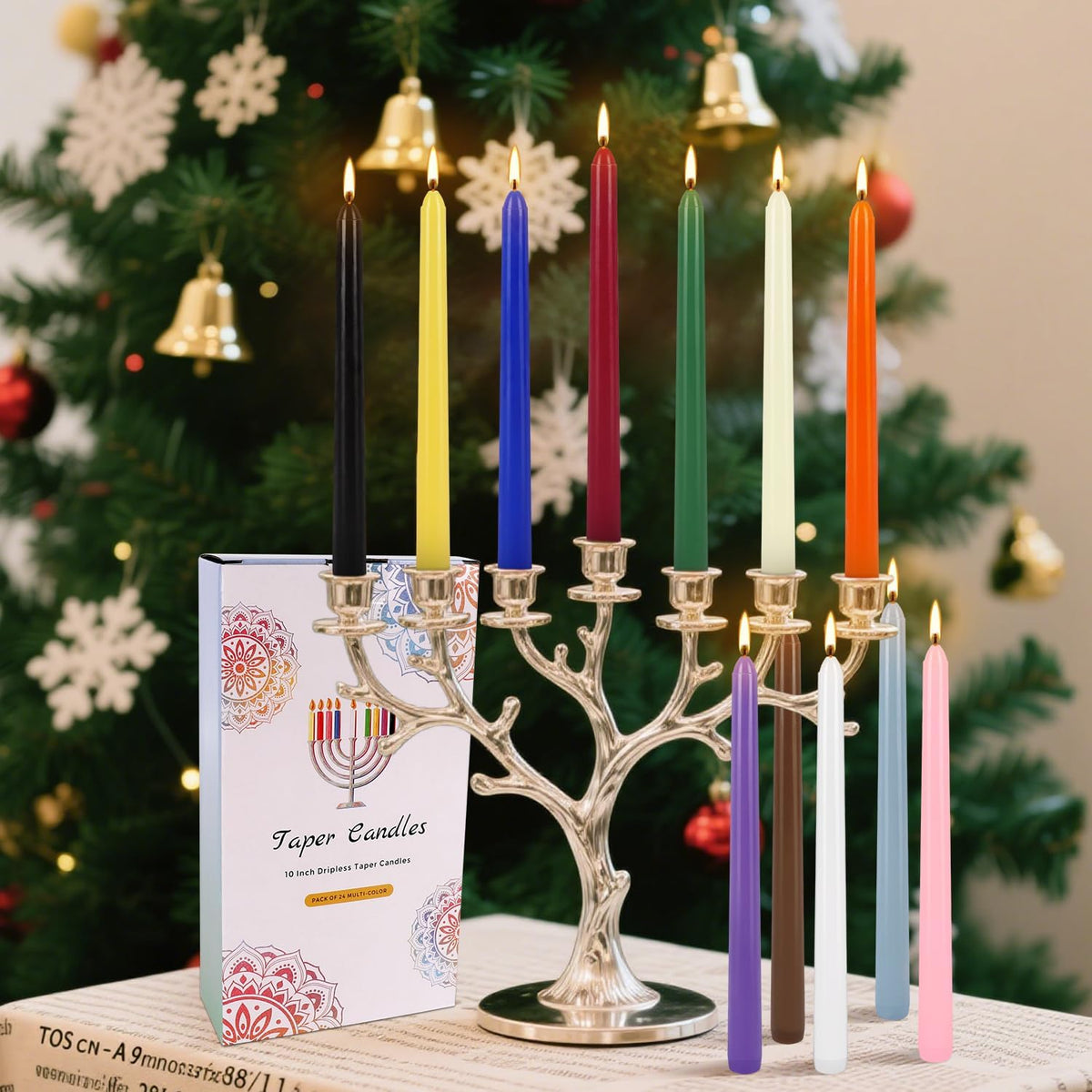 24 Colored Taper Candles, 7-8 Hours Burn Time, Unscented, Smokeless and Dripless, 0.75 x 10 Inch Dinner Candle Set for Household, Wedding, Party and Home Décor Candlesticks