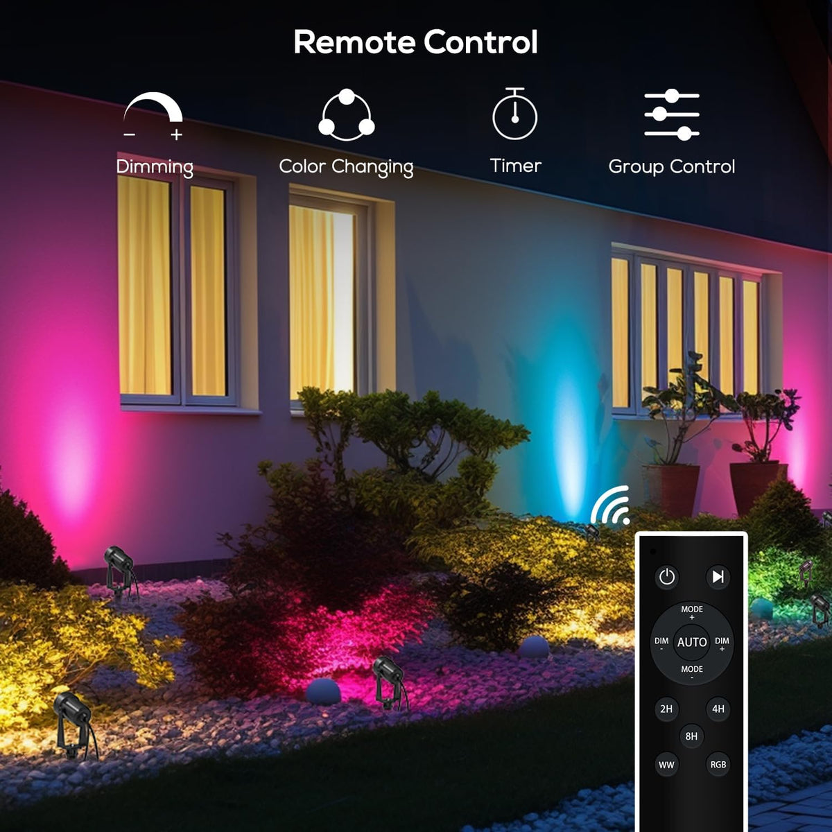 SUNTHIN Outdoor Landscape Lighting with Remote, RGBW Color Changing Spot Uplights, 6 Pack